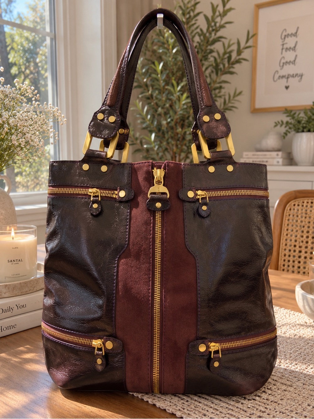 Jimmy Choo Mona Tote, styled in dark burgundy, plum glossy leather(liquid glass)